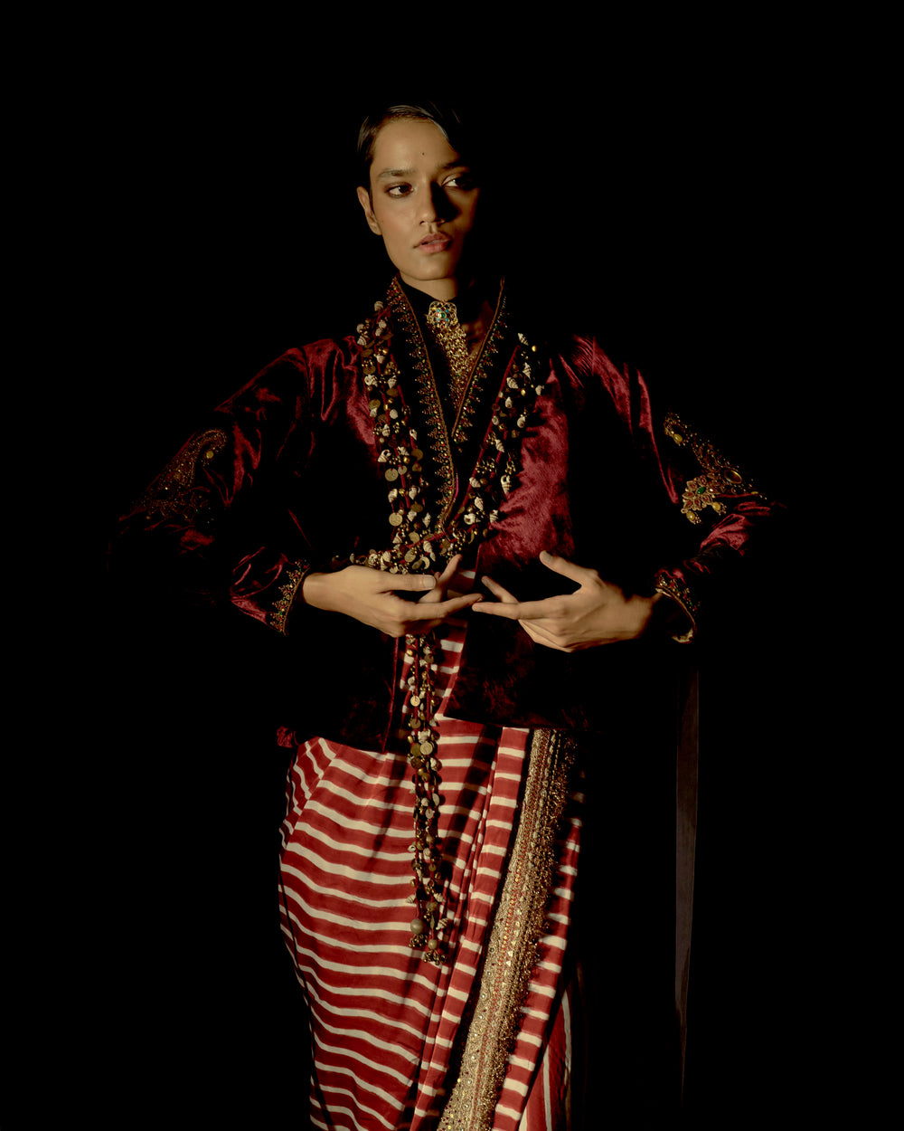 RED DAHLIA MODAL SATIN LEHRIYA PRINT SAREE SET